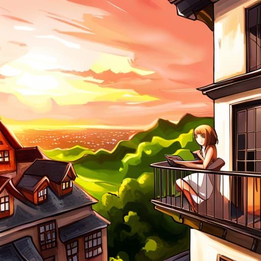 Anime Sunset View from Castle Balcony