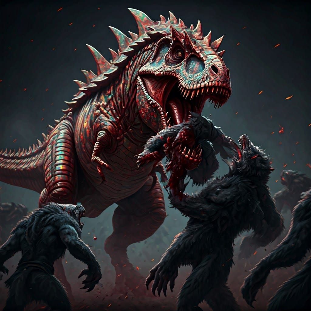 Opal T-Rex Bites Werewolf: Hyperdetailed Artstation Image