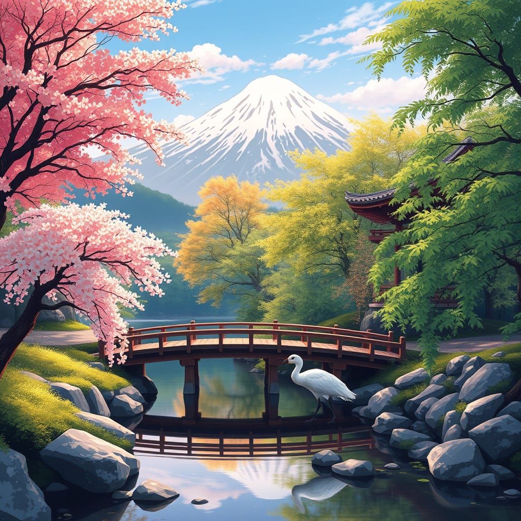 Traditional Japanese Landscape at Sunset