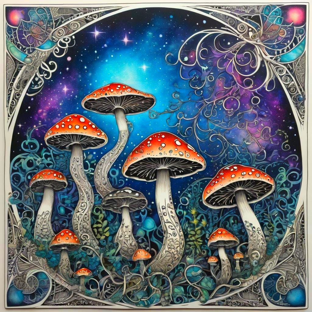 Surreal Cosmic Fractals Bloom with Vines and Mushrooms