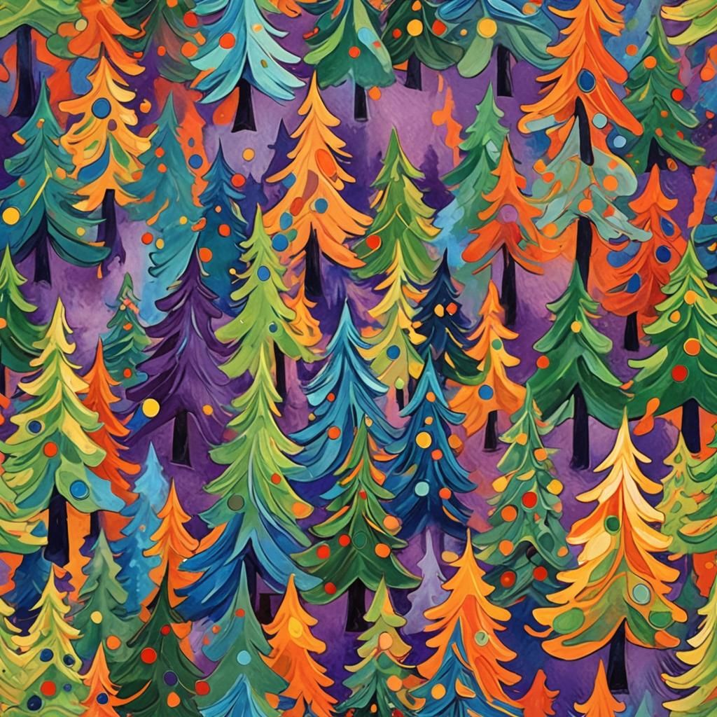 Abstract Cartoon Christmas Trees in Expressionist Style