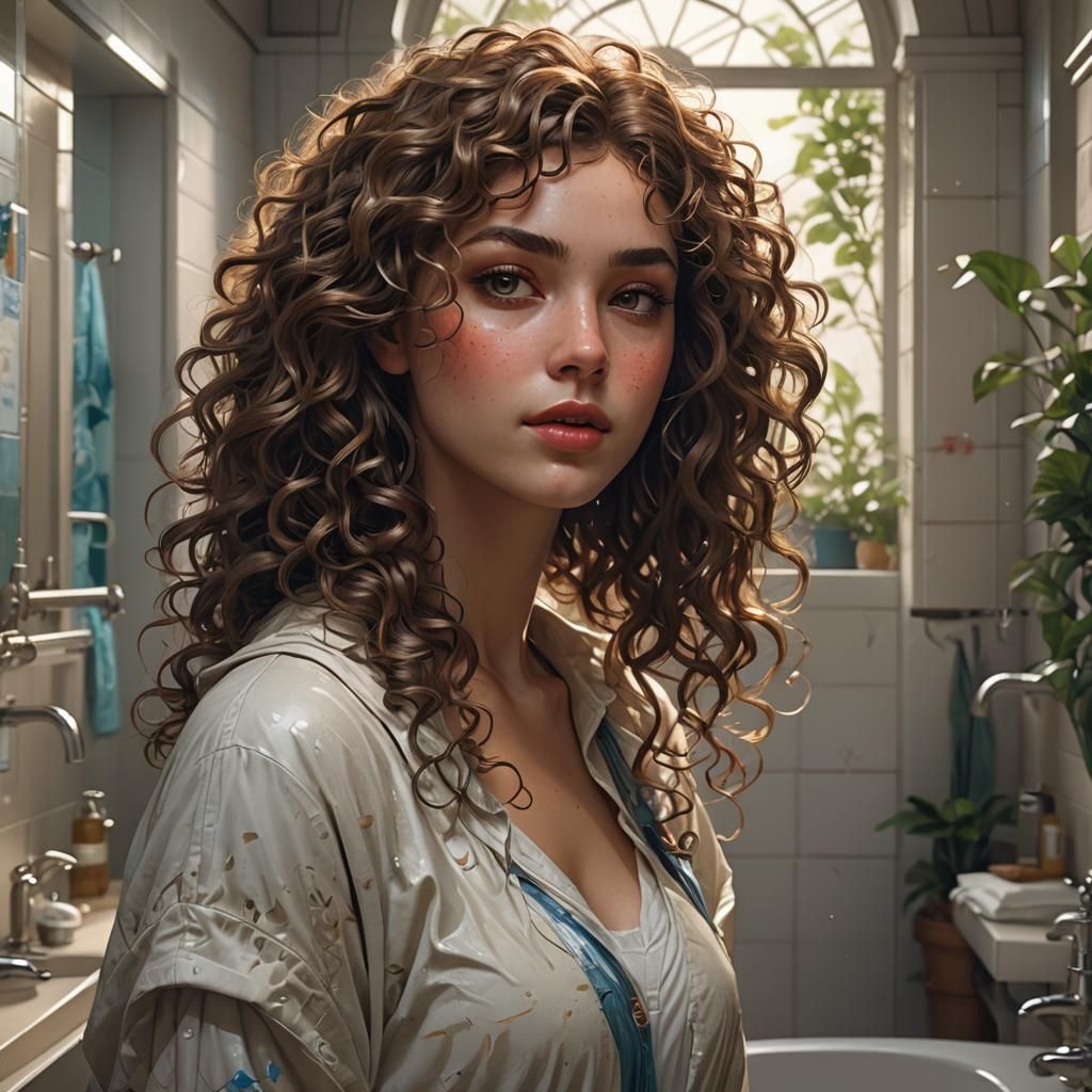 Beautiful Curly Haired Girl Portrait in Modern Bathroom