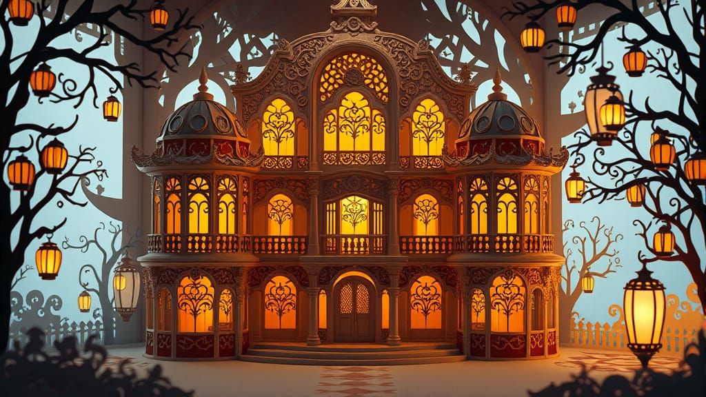 Ethereal Paper Villa with Intricate Cutouts and Delicate Fol...