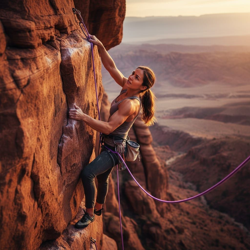 Athletic Woman Climbs Red Sandstone Wall in Golden Hour