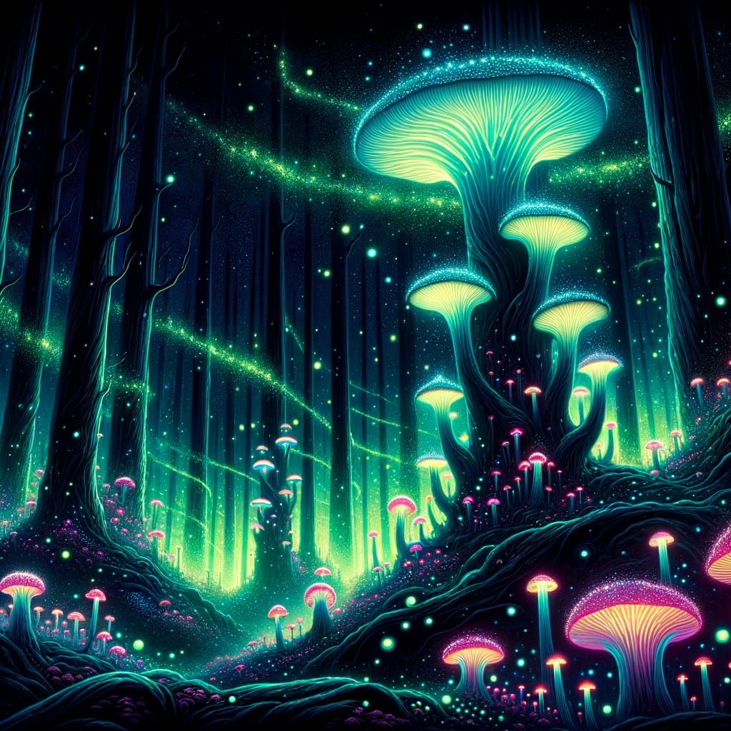 Bioluminescent Forest Twilight with Luminous Mushrooms