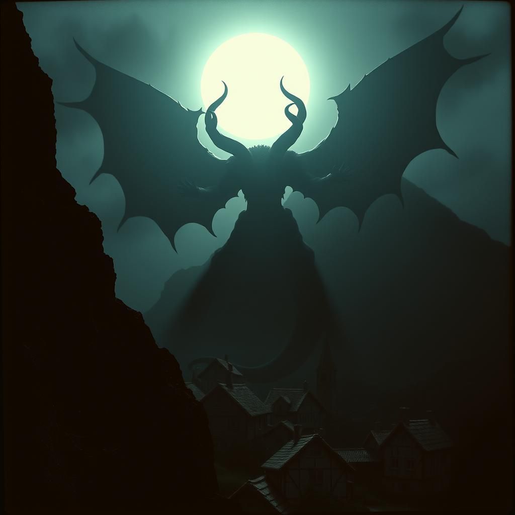 Demonic Figure Looms Over Village in Film Noir Style