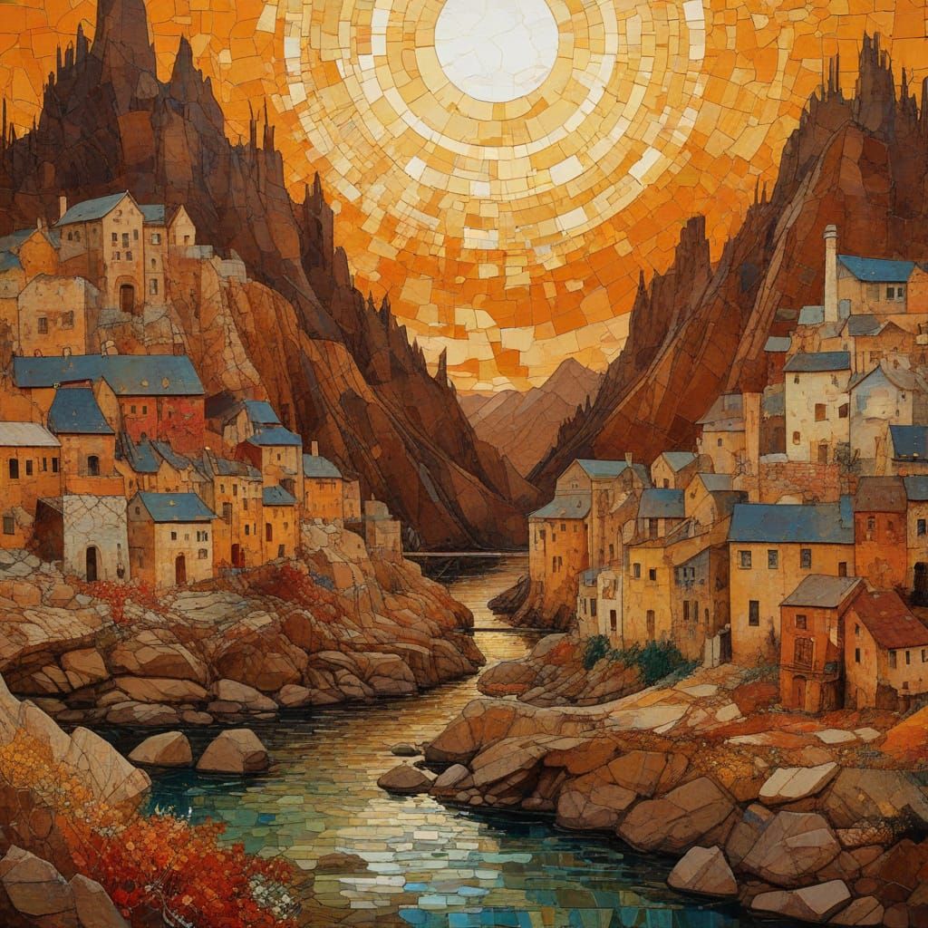 Surreal Cityscape at Sunset in Vibrant, Earthy Tones