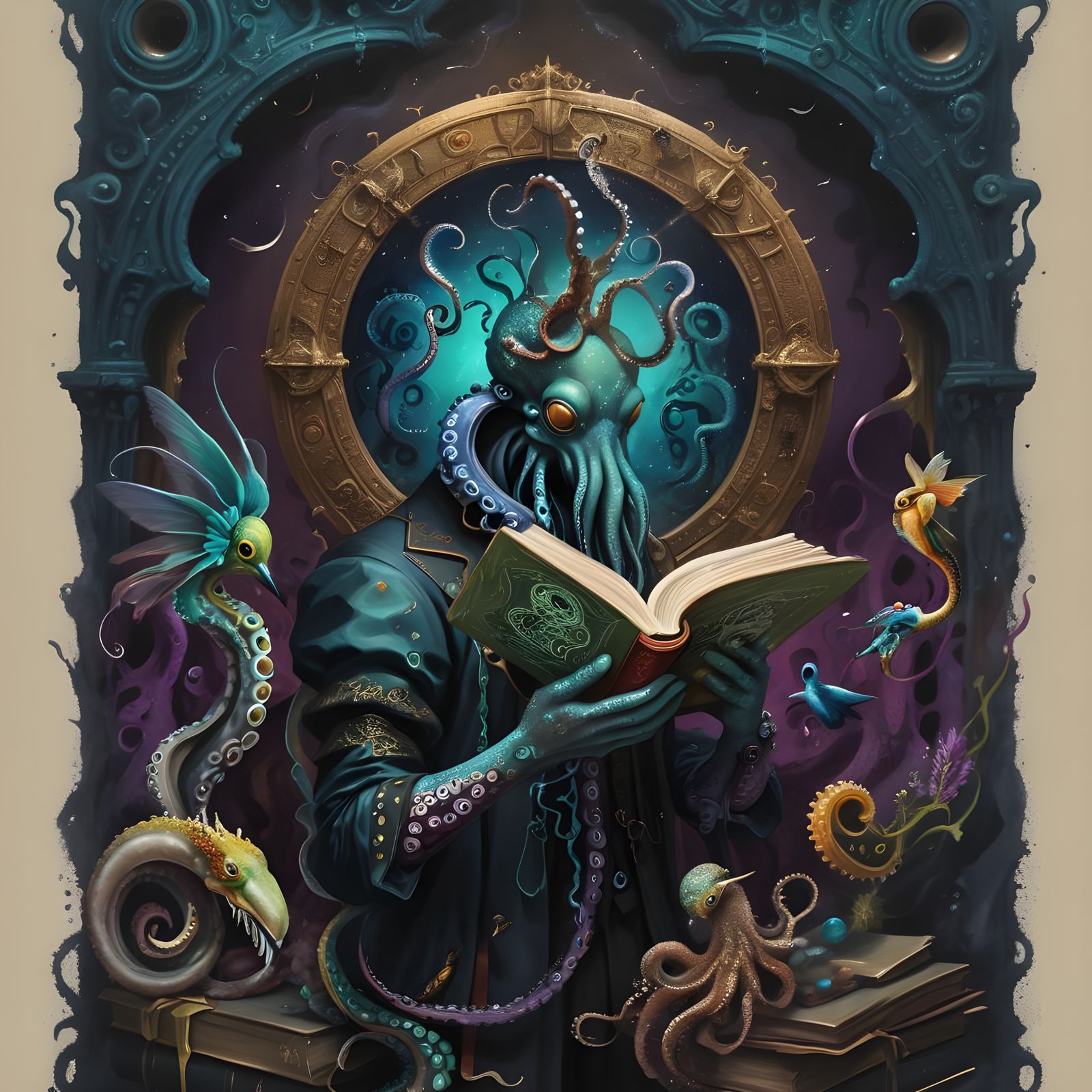 Dark Academia Octopus Seahorse Hummingbird Fantasy Art