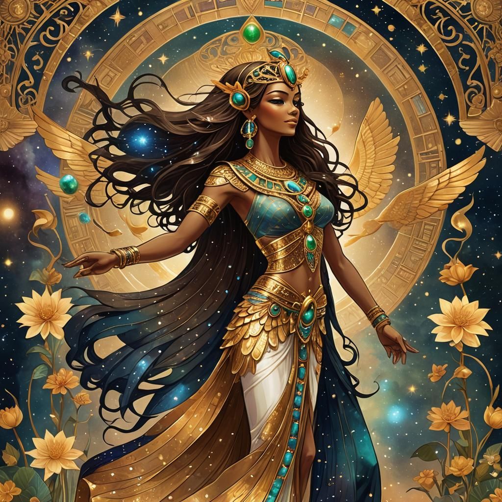 Golden Egyptian Goddess Dancing in Art Nouveau Silhouette