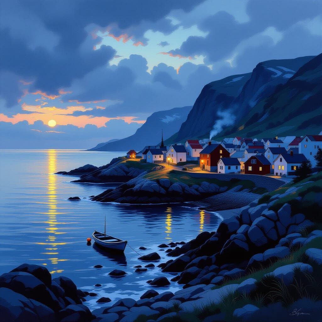 Coastal Fishing Village at Dusk: Romantic Landscape