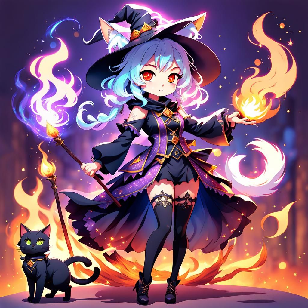 Anime Cat Girl Witch Casting Fire Magic