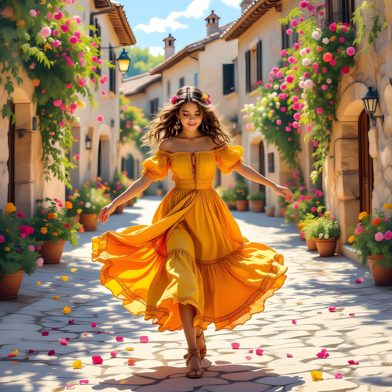 Girl Dancing in Medieval Provence Square