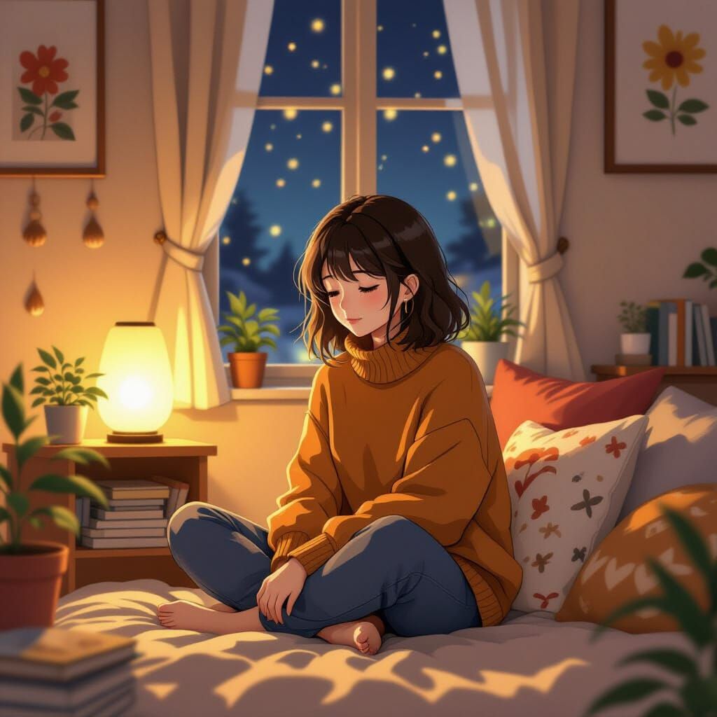 Introvert's Cozy Solitude: Anime-Inspired Illustration