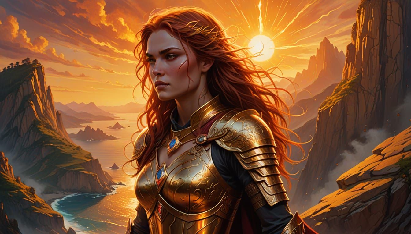 Radiant Warrior-Mage Embracing Dawn on Golden Cliffside