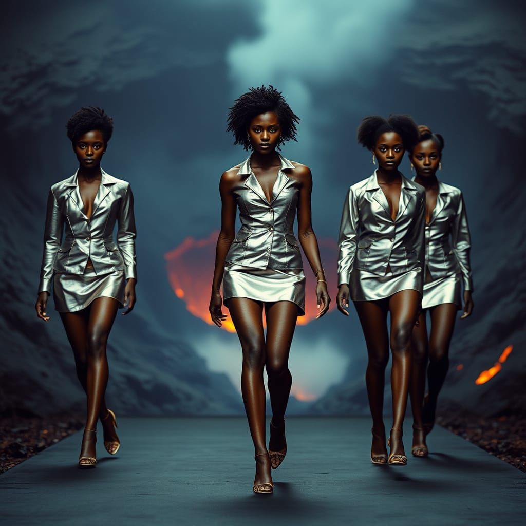 Dark Skinned Women Strut on Catwalk Against Volcanic Backdro...