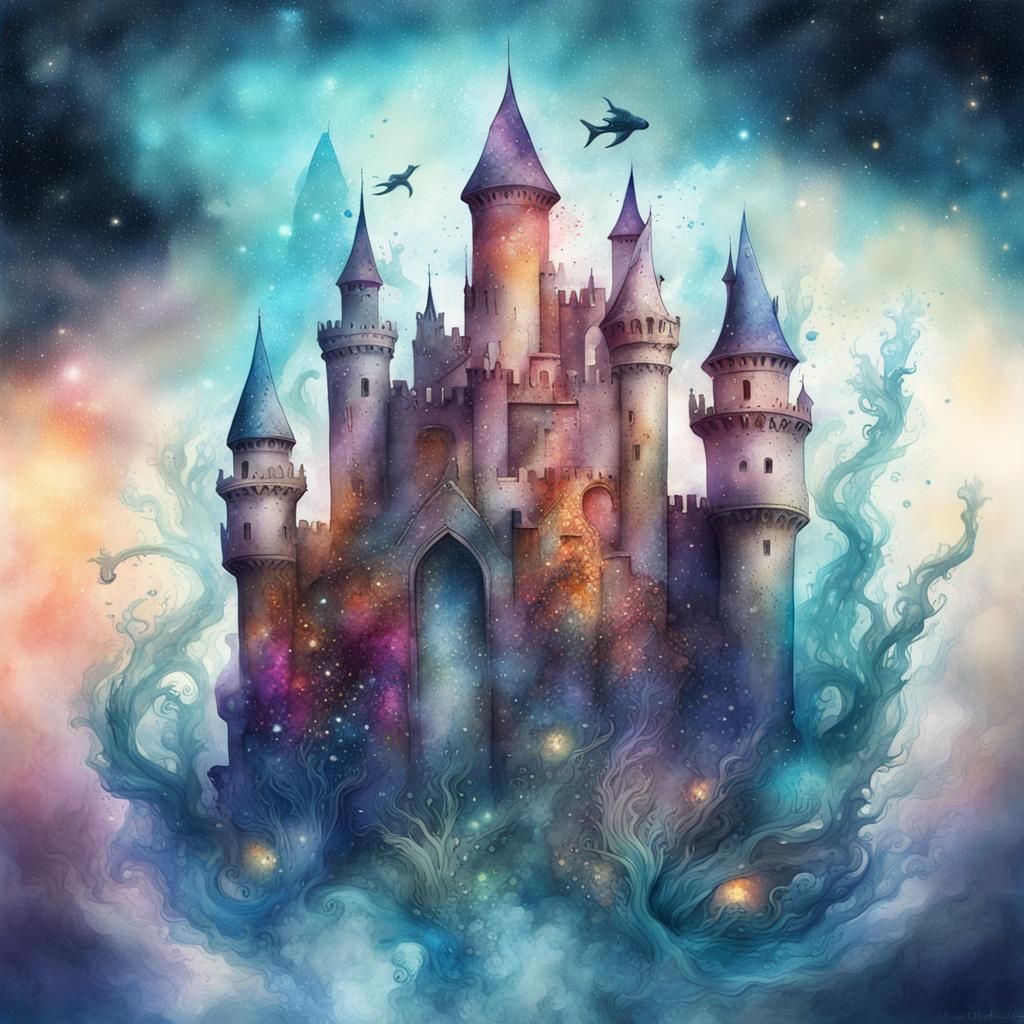 Underwater Castle with Seahorses, Galaxy Splash Art
