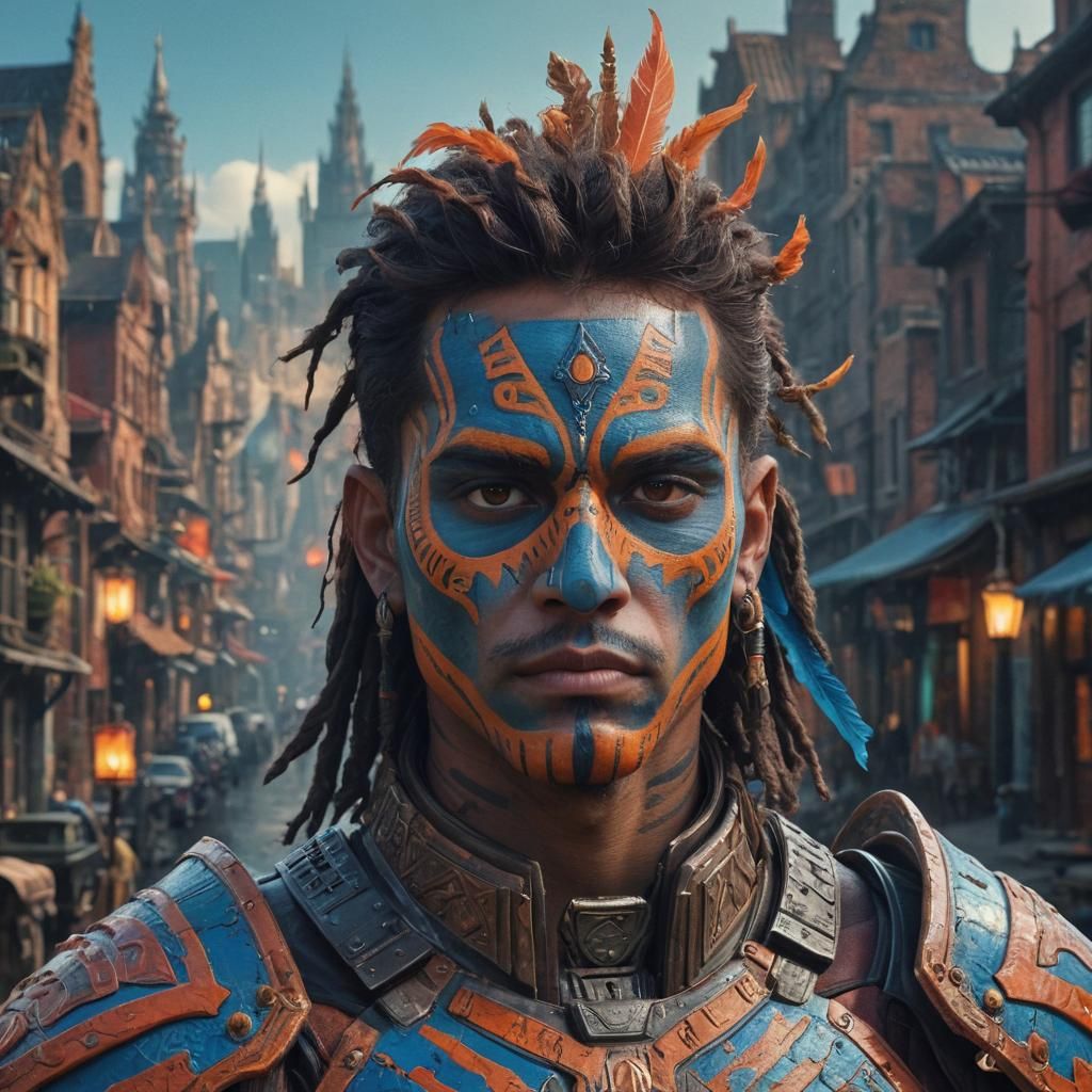 Fantasy Portrait in Ornate Armor, Surreal Cityscape