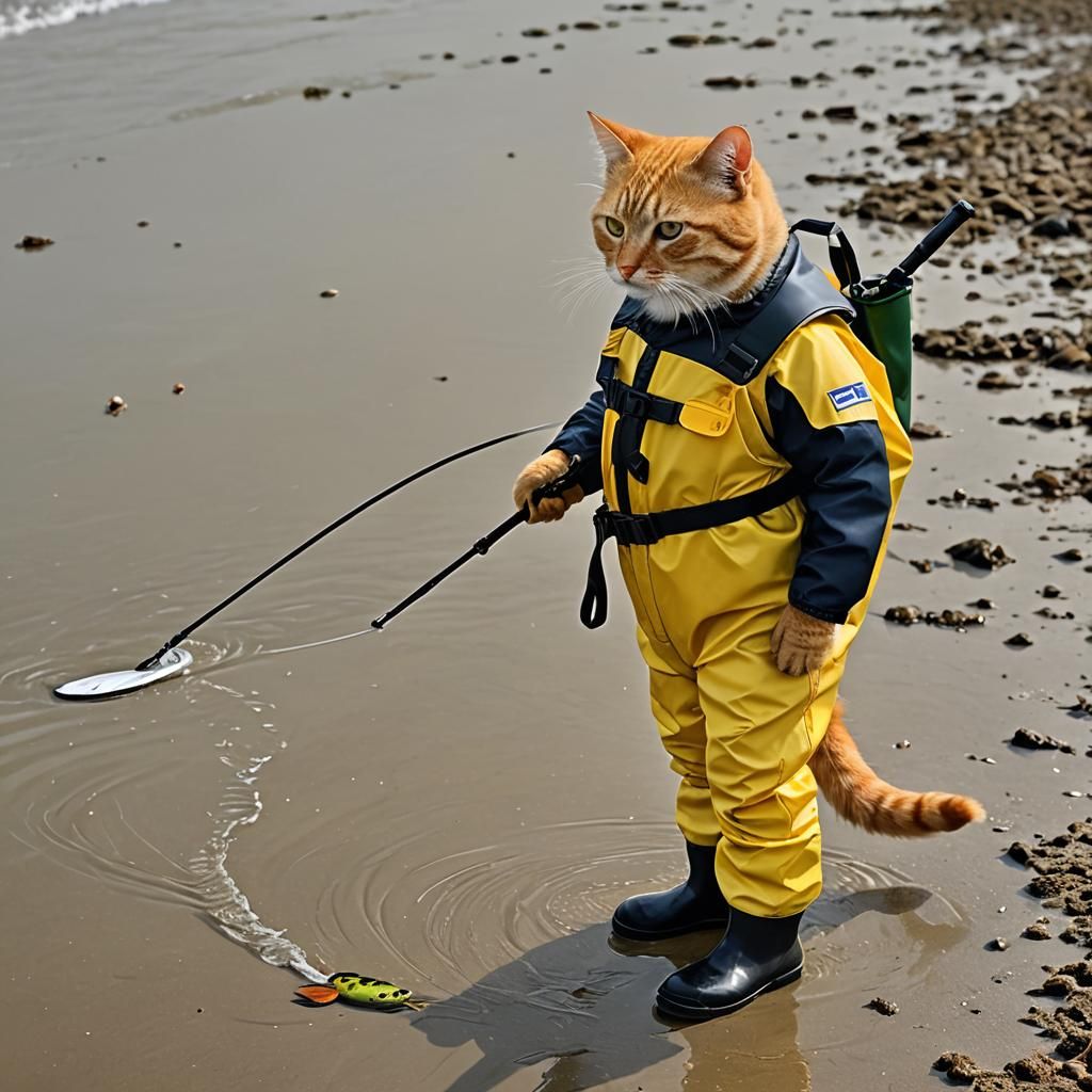 Yellow Cat Fishing on the Beach