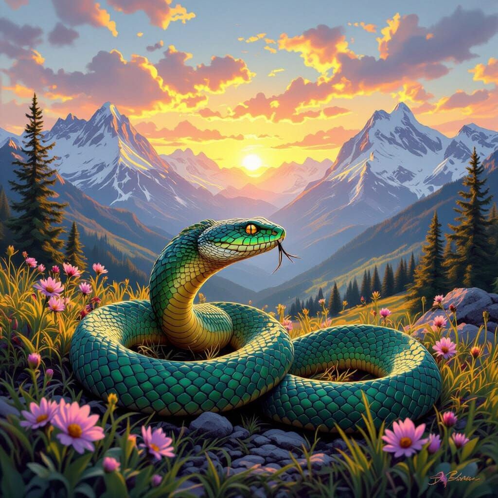 Emerald Viper Waits in Dramatic Sunset Mountain Landscape