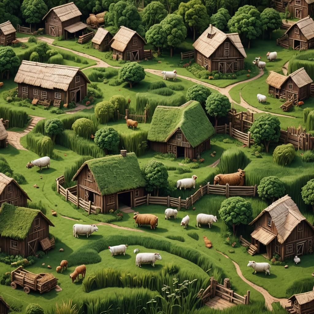 Folk Art Rural Farm with Animals and Buildings