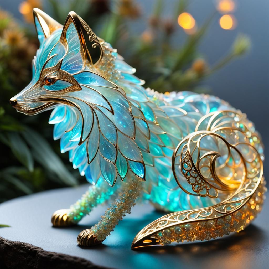 Bioluminescent Crystal Fox Sculpture: Hyperrealistic Fantasy...