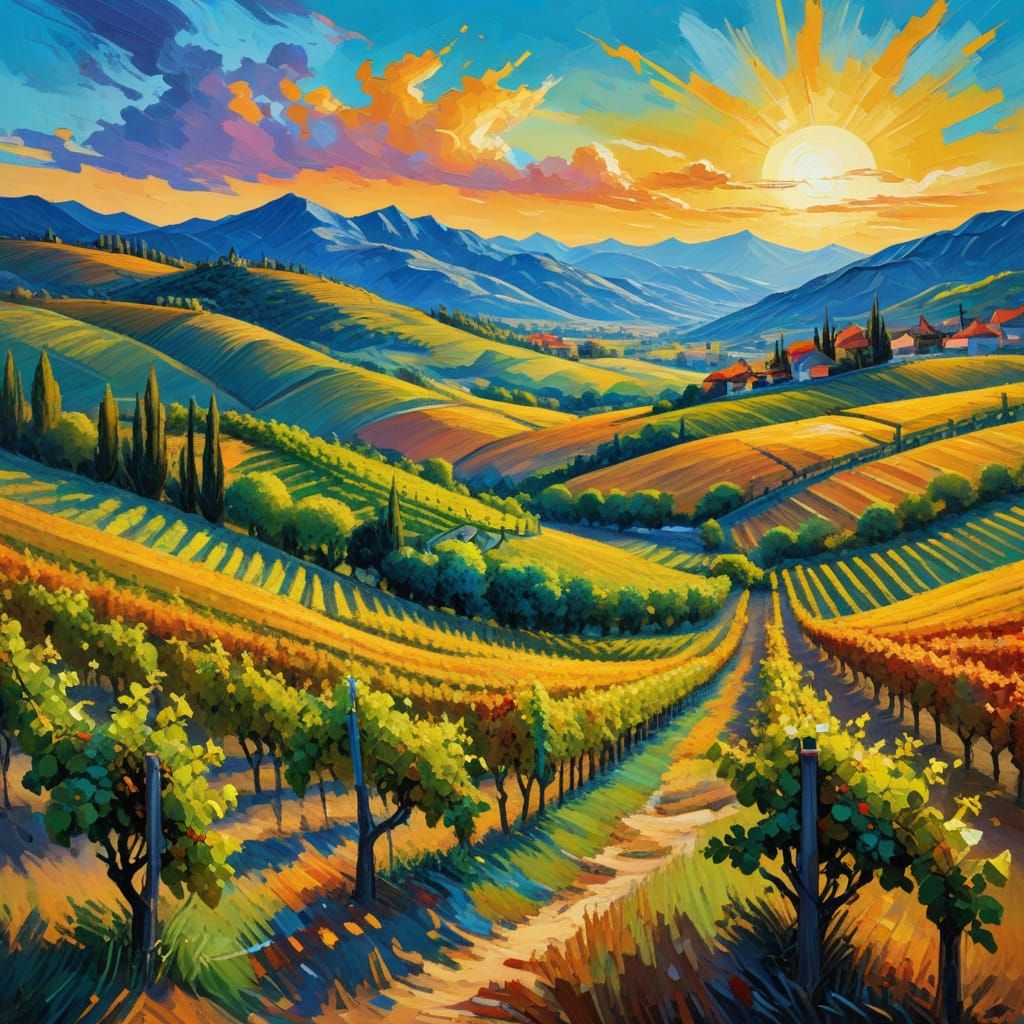 Serenely Beautiful Vineyard Landscape in Vibrant Oil Paintin...
