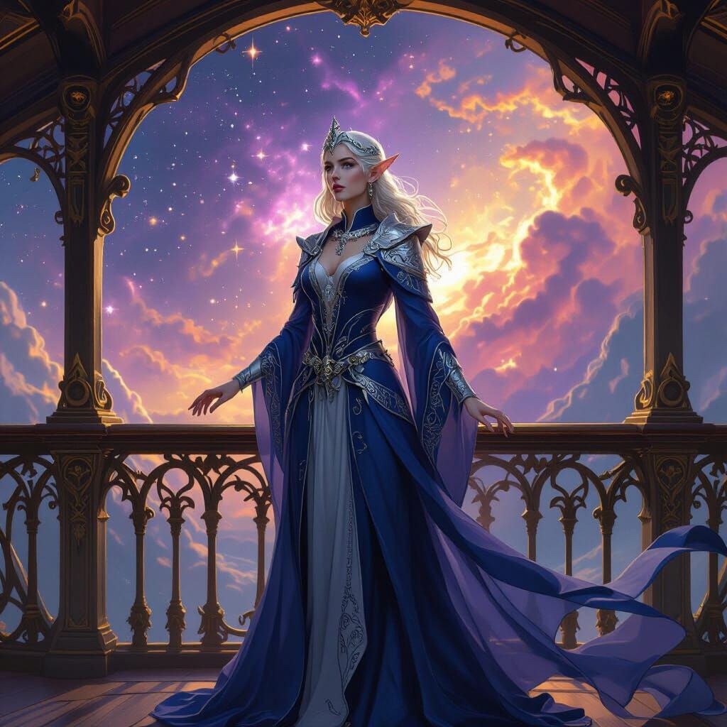 Elven Queen on Airship Bridge in Art Nouveau Style