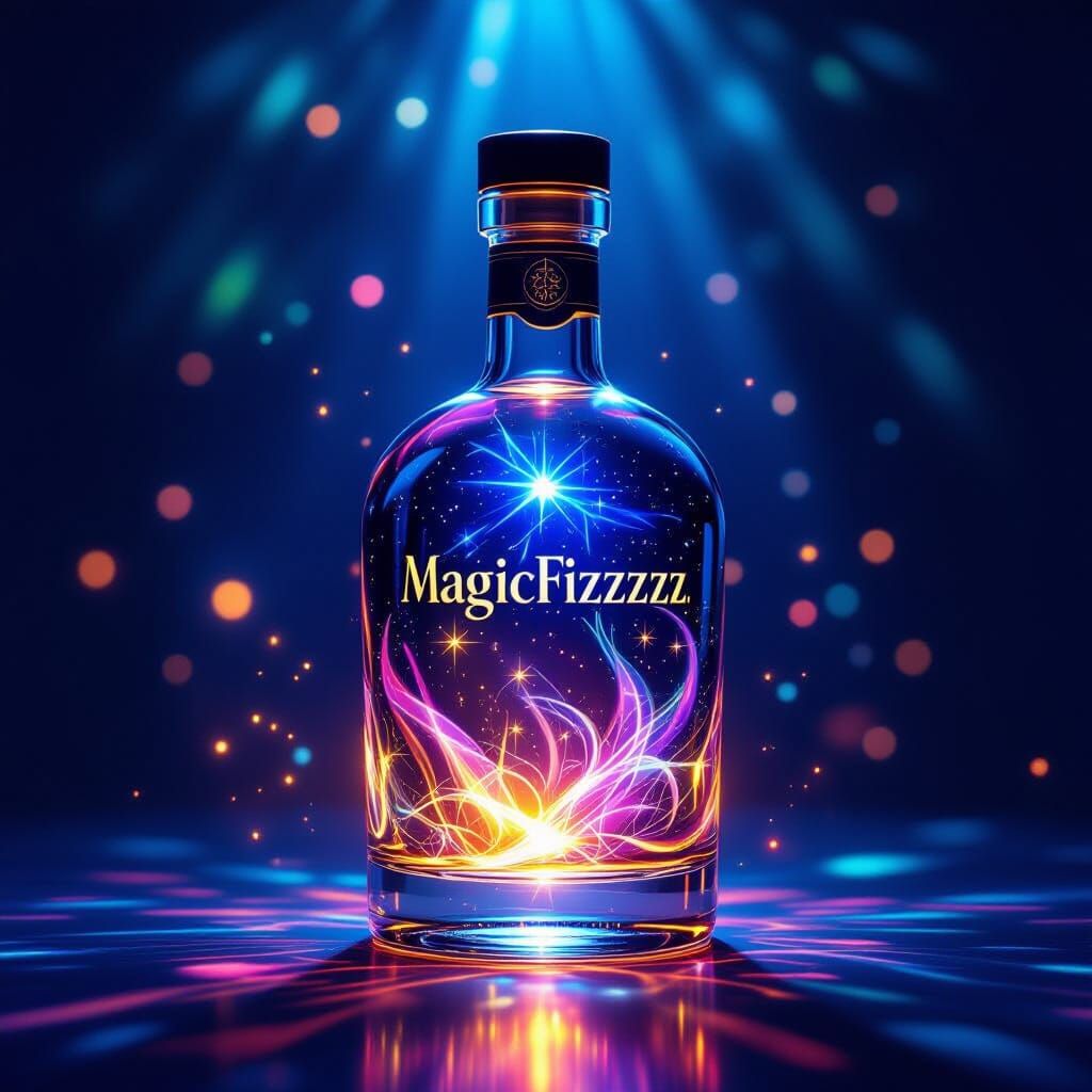 Glowing MagicFizz Alcohol Bottle in Realistic Product Shot