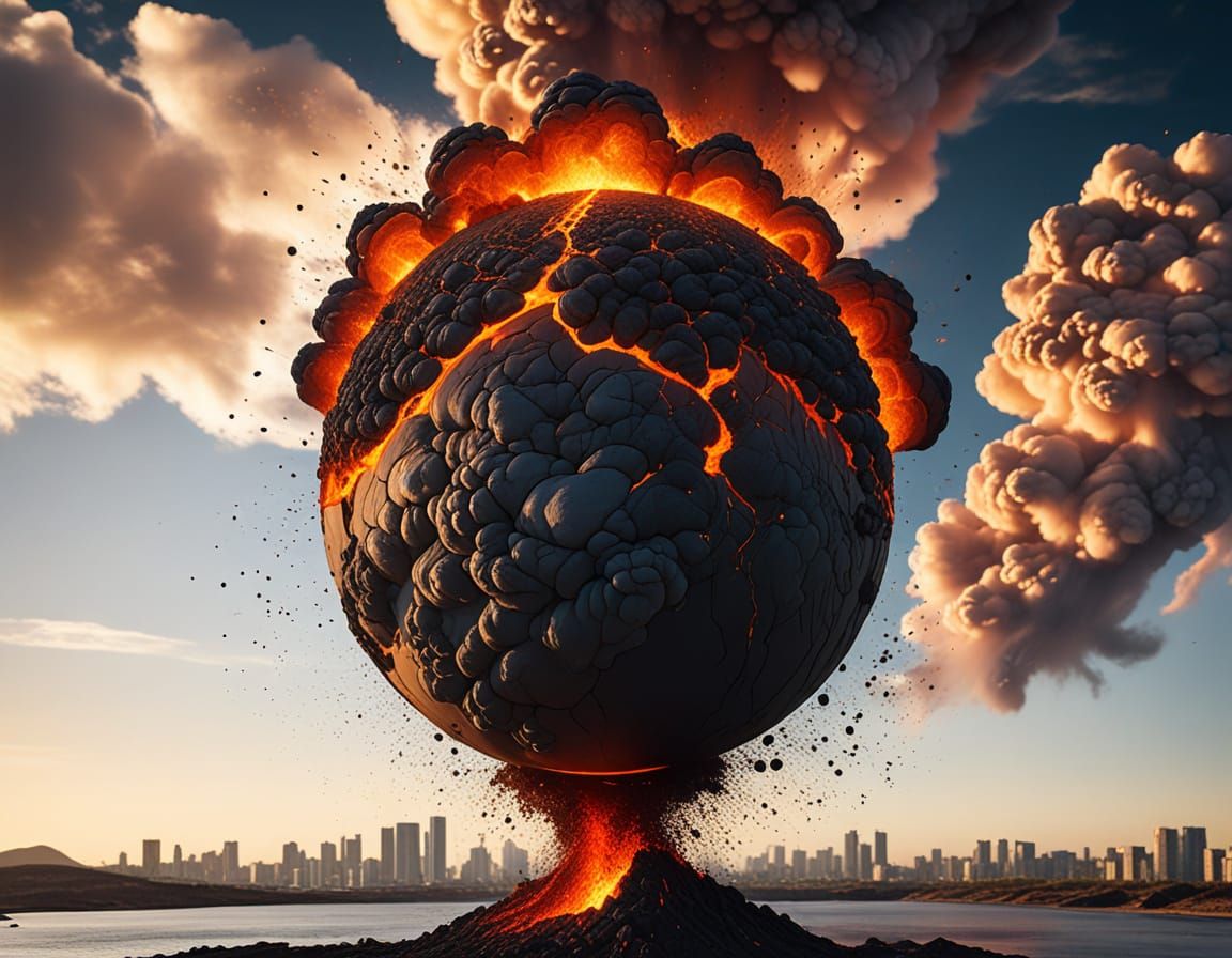 Surreal Cityscape: Volcano Erupts Under Doughnut-Shaped Worl...