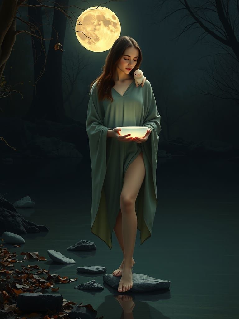 Ethereal Woman with Glowing Bowl in Moonlight