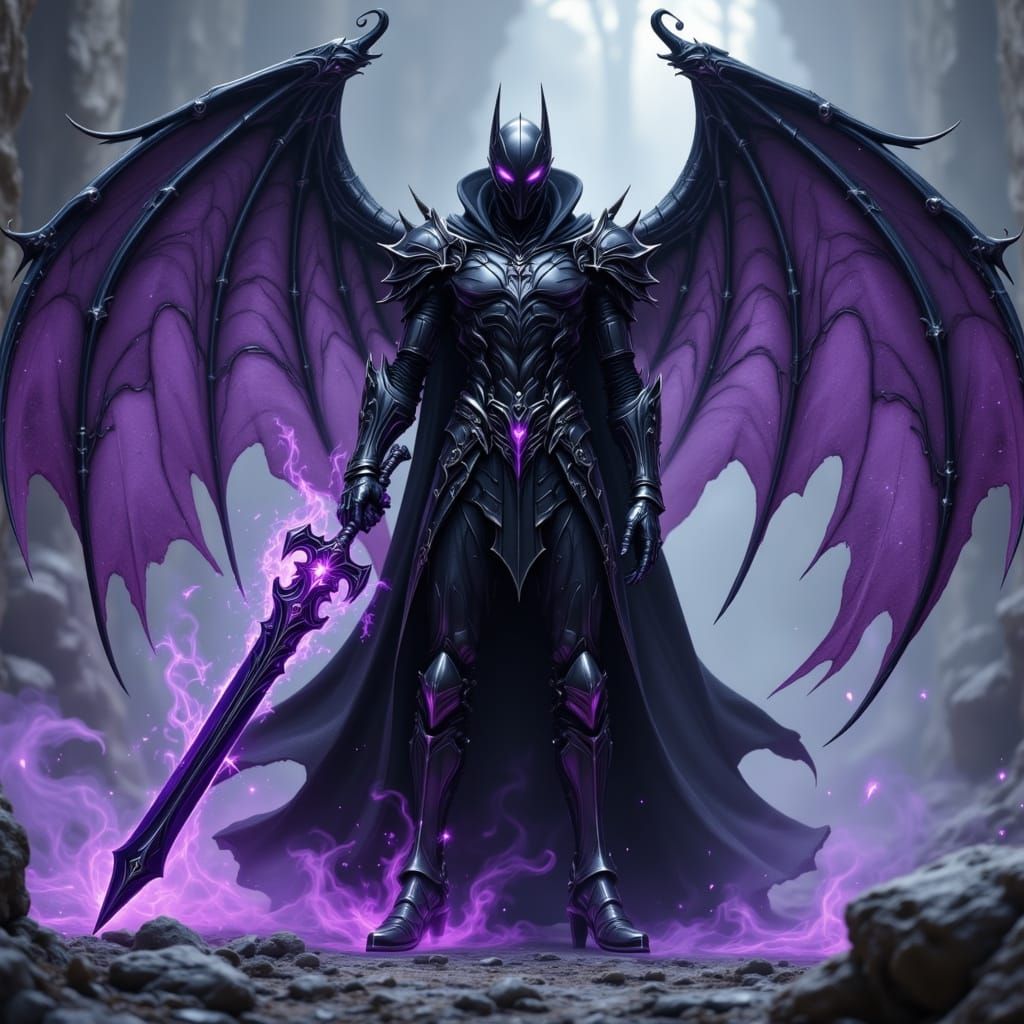Dark Fantasy Black Knight with Purple Accents and Bat Wings