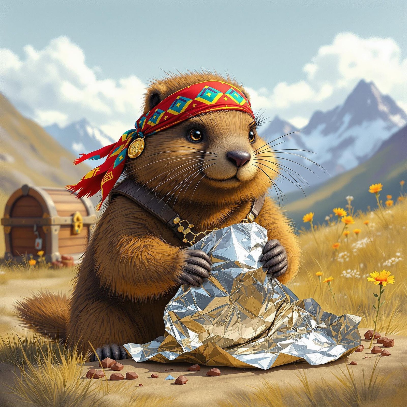 Whimsical Marmot Pirate Wraps Chocolate in Aluminum Foil