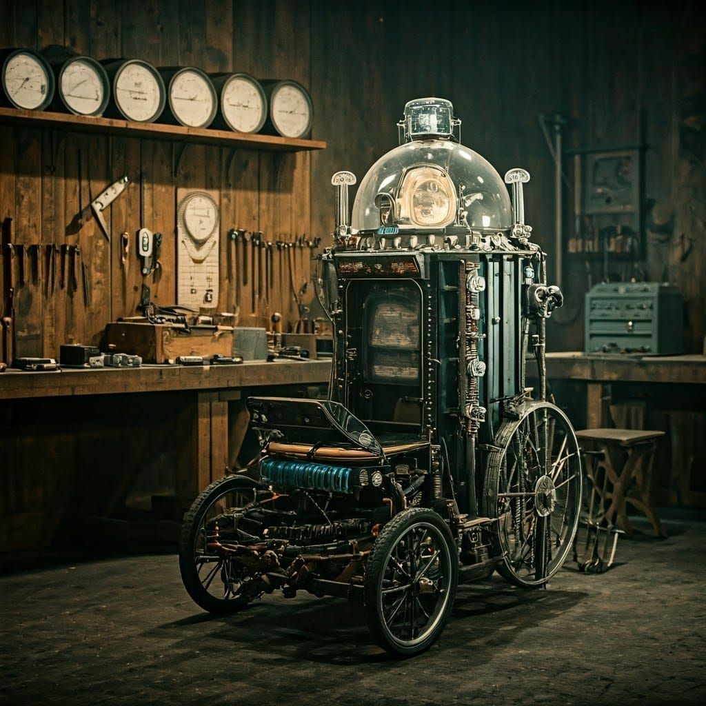 There is a time machine in a workshop, in the background there are shelves with tools and measuring devices. Rod Taylor ...
