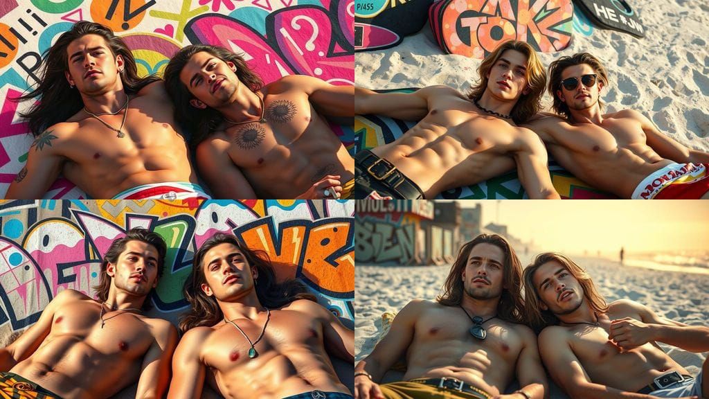 Muscular Men Suntanning on Beach in Comic Art Style