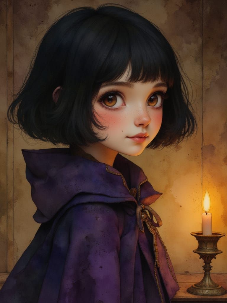 Petite Witch Girl in Cozy Enchanted Room, Anime Style