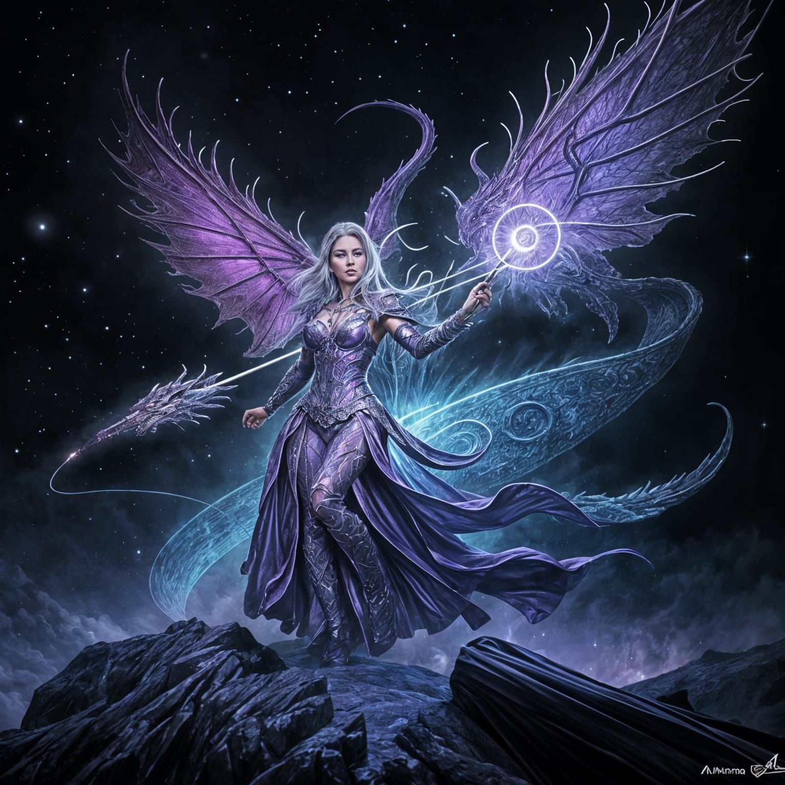 Purple Dragon Rider with Glowing Staff in Astral Sky