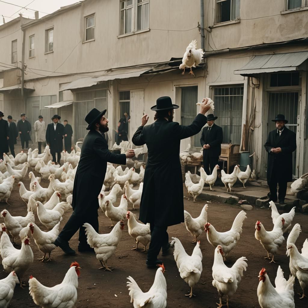 Ultra-Orthodox Man Picking Up Rooster: Cinematic Still