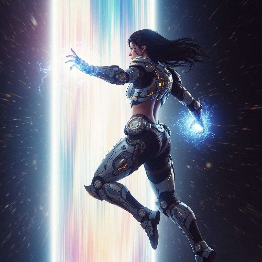 Futuristic Woman Leaping Through Shimmering Portal