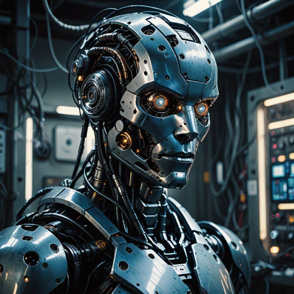 Cyborg Robot in Gritty Laboratory Setting
