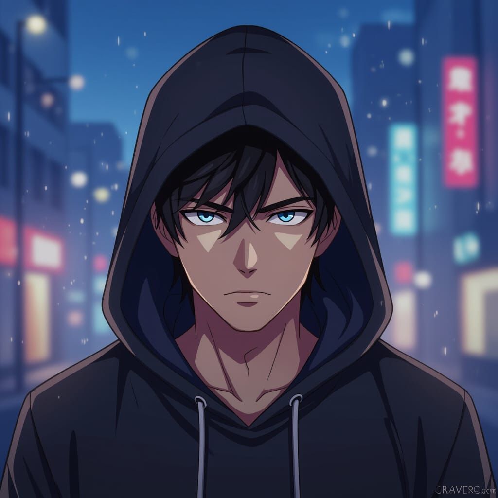 Man in Dark Hoodie in Moody Cityscape, Anime Style