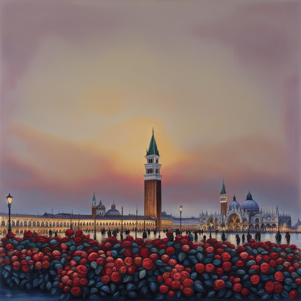 At sunset, St. Mark's Square in Venice is entirely covered b...