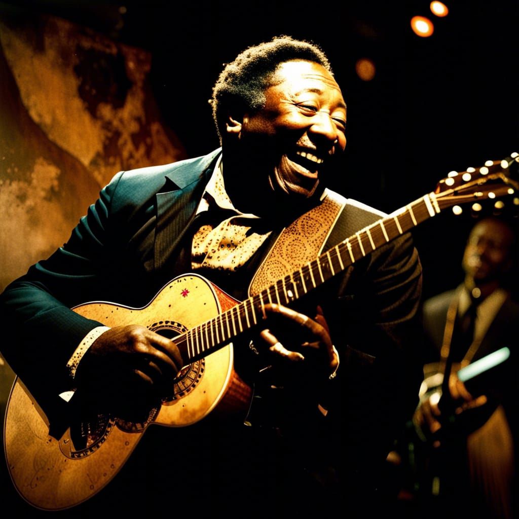 Muddy Waters Laughing On Stage in Cinematic Light