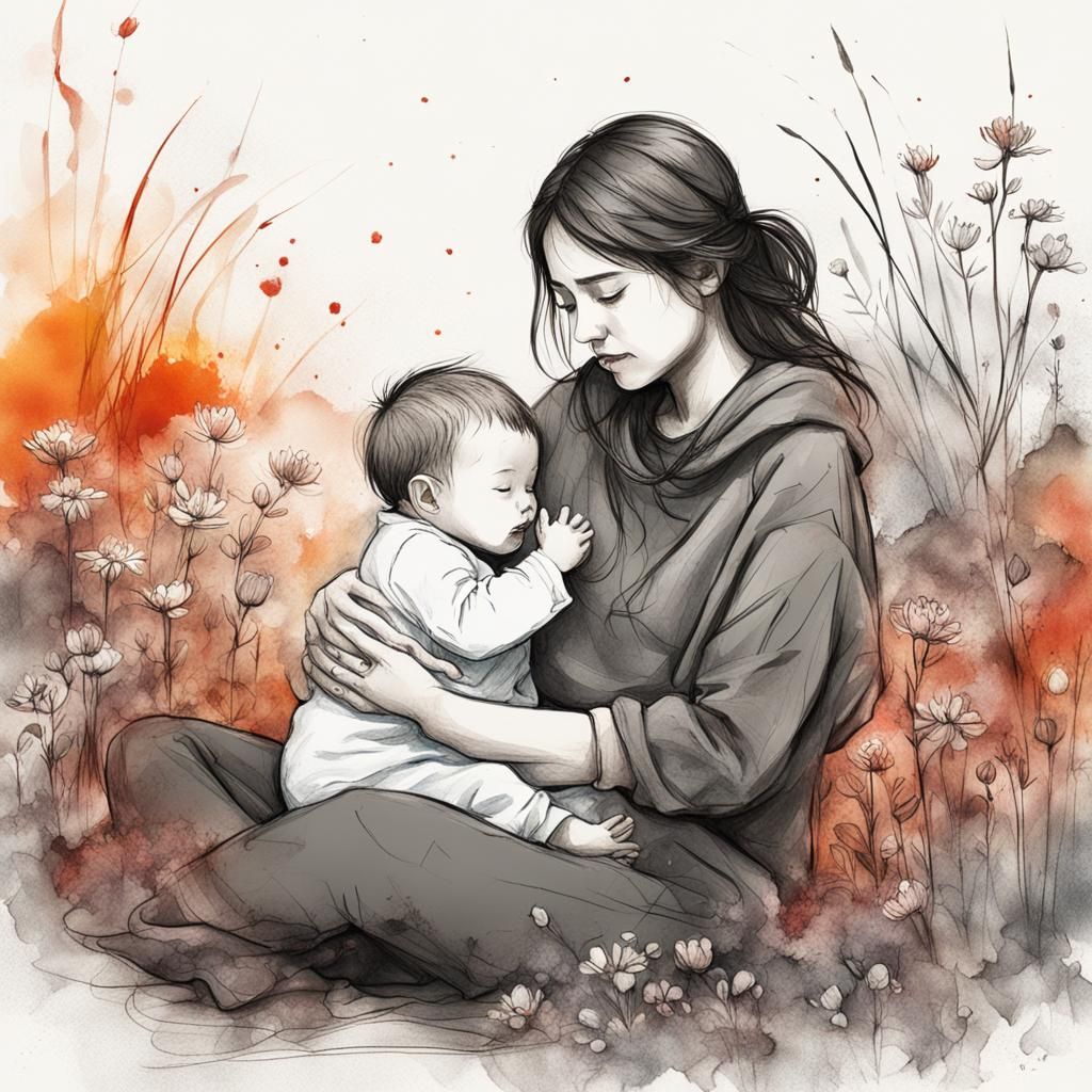 Mother and Child in Wildflowers: Minimalist Charcoal Sketch