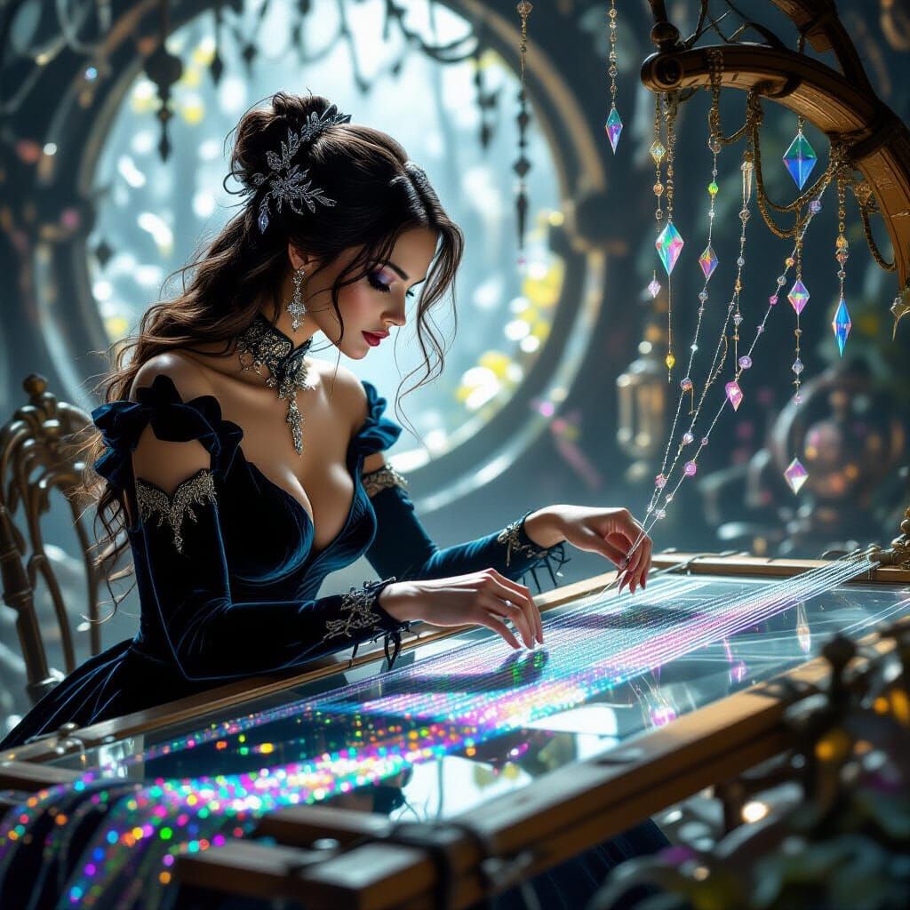 Six-Armed Spider-Woman Weaves Rainbow Crystals on Glass Loom