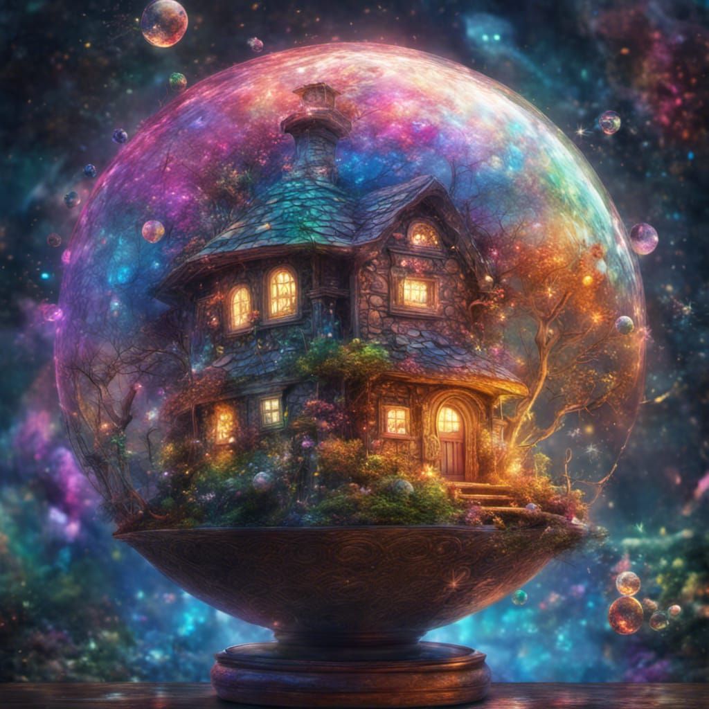 globe filled with sparkles and a fairy house; rainbow colors, iridescent textures, dynamic lighting trending on Artstati...