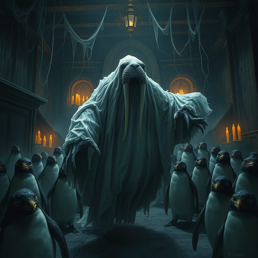 Ghostly Walrus in Haunted Mansion, Hyperrealistic Art