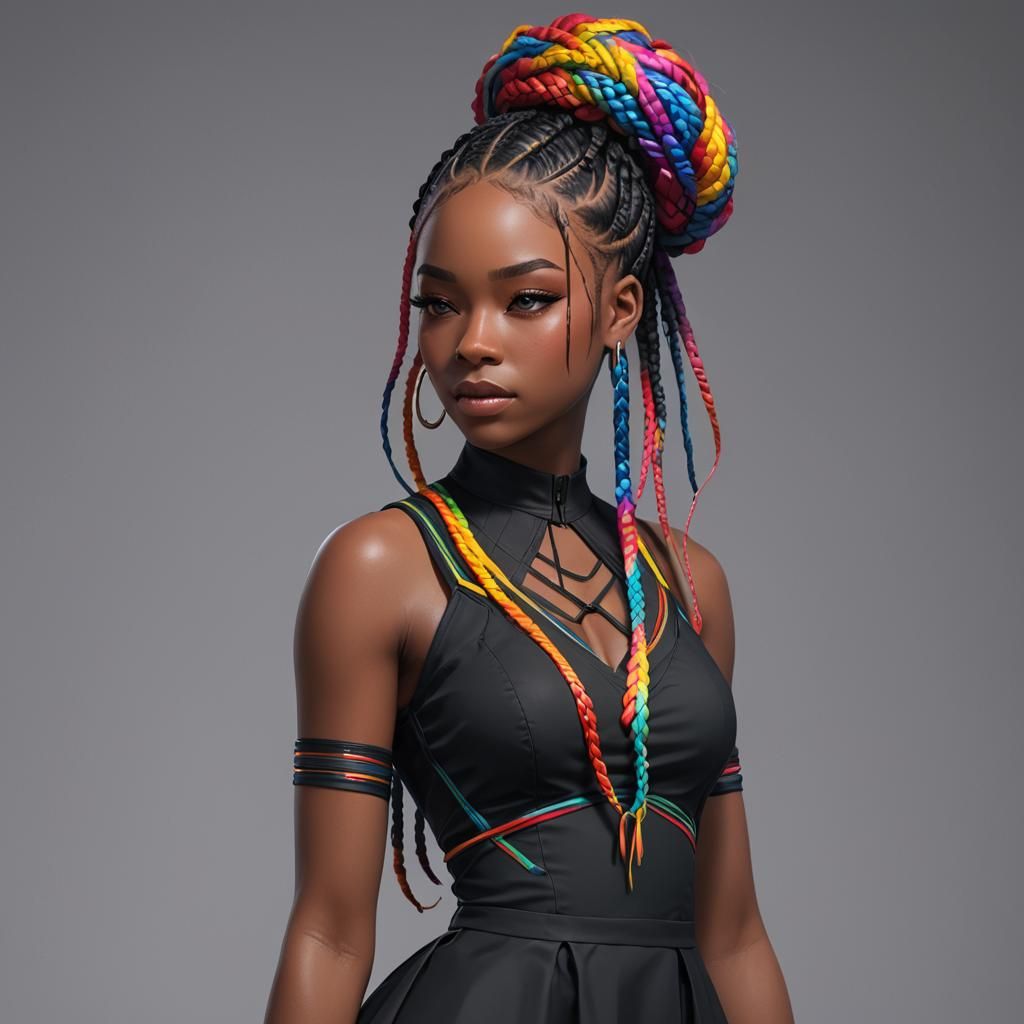 Anime Style Portrait of Woman with Rainbow Braids