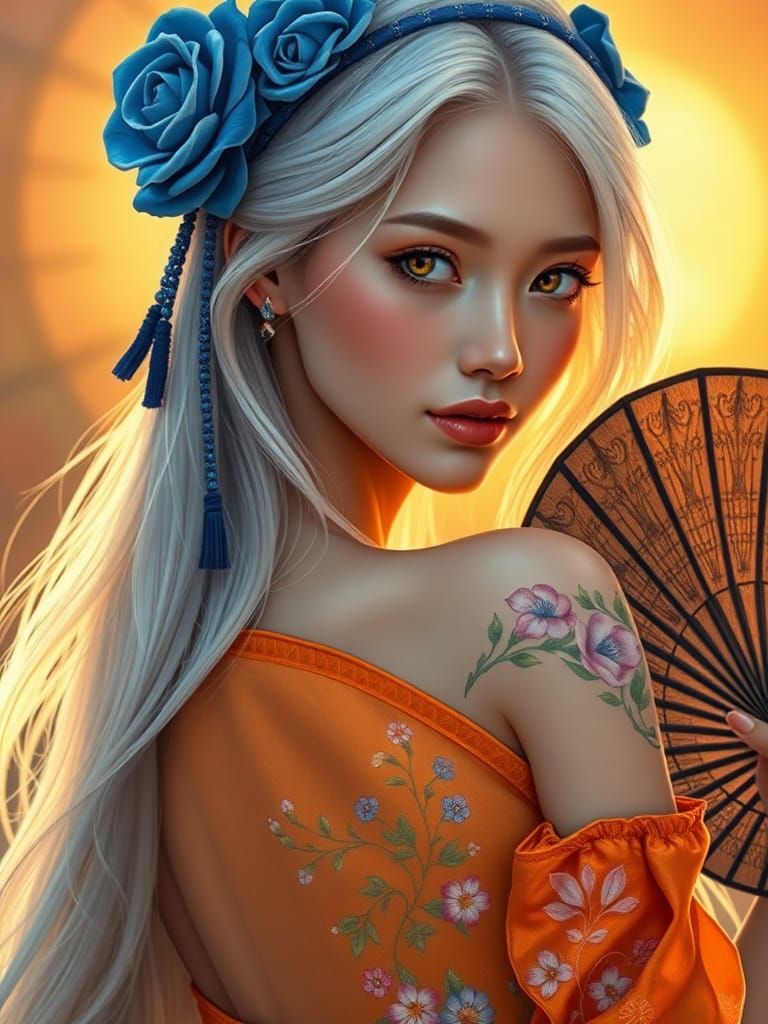 A slender, airy divinely beautiful young woman with long, ch...