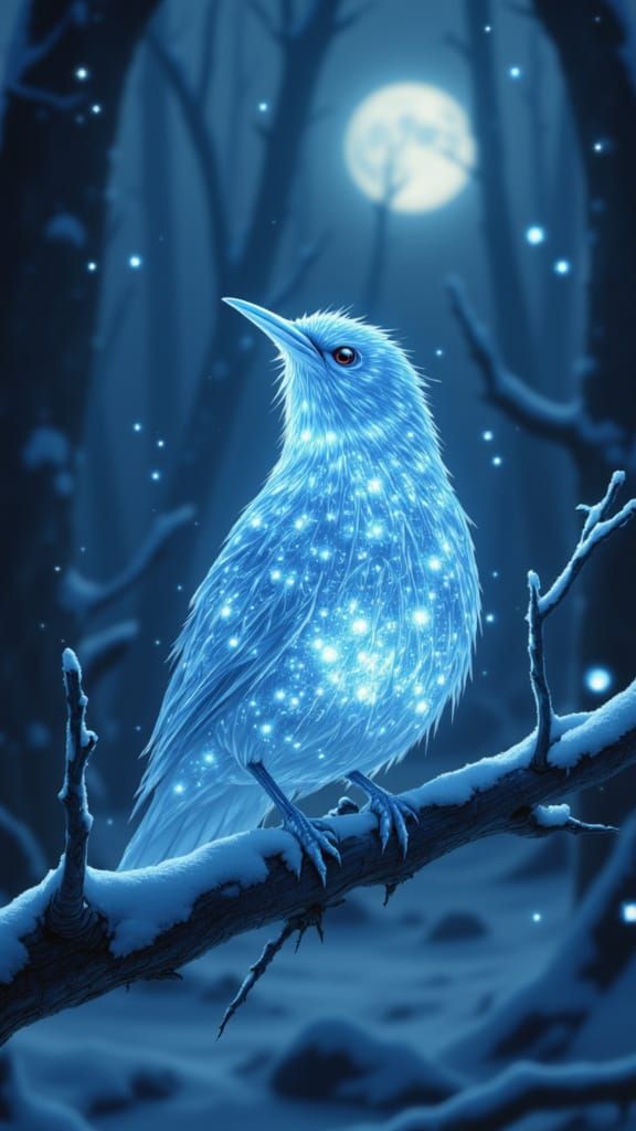 Glowing Ice Crystal Nightingale in Moonlit Forest