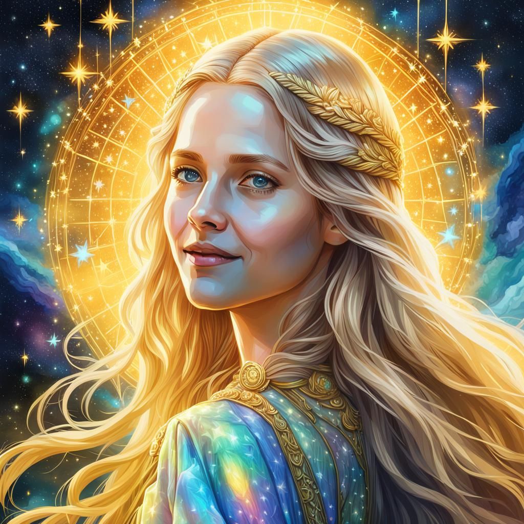 Galadriel with Golden Hair in Cosmic Illustration